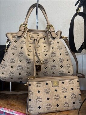 MCM Beige Visetos Drawstring Satchel with Detachable Wristlet